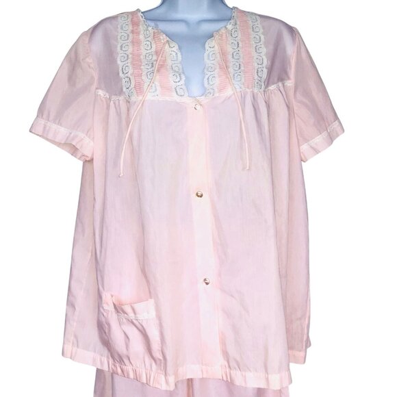 Vintage Komar Womens M Pajama Set Pink White Lace Short Sleeve Top Bottom - Picture 2 of 11